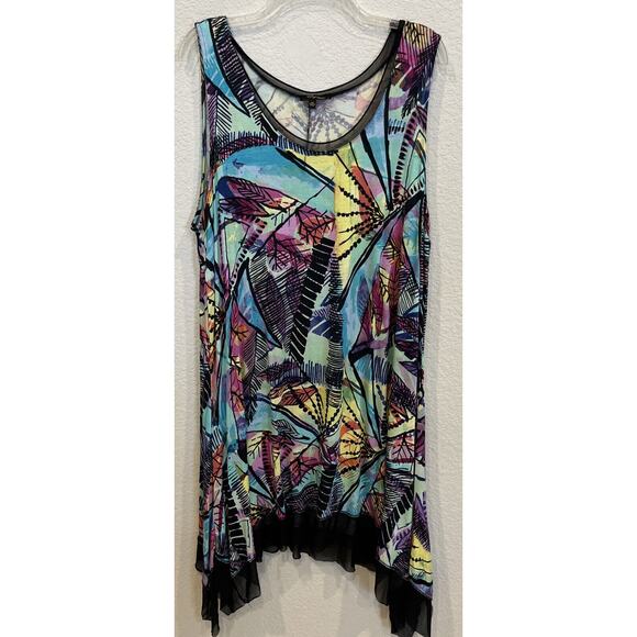 Cupid Colorful Sleeveless Knit Dress with Sheer Trim Dress Asymmetrical Hem 1X - Picture 1 of 2